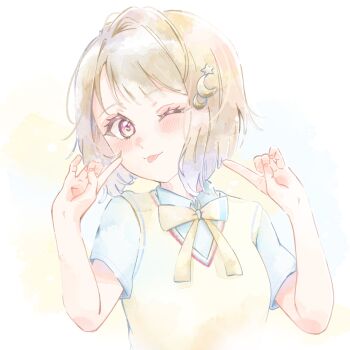 Rule 34 | 1girl, ;p, blue shirt, blush, bob cut, brown hair, collared shirt, commentary request, crescent, crescent hair ornament, fingers to cheeks, hair ornament, highres, inverted bob, looking at viewer, love live!, love live! nijigasaki high school idol club, mugiyounicos2, nakasu kasumi, nijigasaki school uniform, one eye closed, pink eyes, school uniform, shirt, short sleeves, solo, star (symbol), star hair ornament, summer uniform, sweater vest, tongue, tongue out, upper body, yellow background, yellow sweater vest