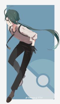 1girl black_gloves black_pants brown_shoes commentary_request flat_chest full_body gloves green_hair hair_over_one_eye highres nintendo noichi_(lemonsword9326) pants pokemon pokemon_sv ponytail red_eyes reverse_trap rika_(pokemon) shoes solo suspenders twitter_username