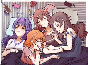 4girls black_hair blush border bow brown_hair cellphone closed_eyes closed_mouth drooling hair_bow head_on_pillow idolmaster idolmaster_million_live! kasuga_mirai kelvin1996c kitazawa_shiho long_hair lying mogami_shizuka multiple_girls on_back on_side open_mouth orange_hair outside_border phone pillow short_hair sleeping smartphone stuffed_animal stuffed_cat stuffed_toy under_covers white_border yabuki_kana