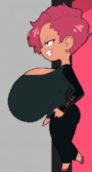 1girl animated animated_gif ass breasts chibi cleavage eigaka gainaxing gigantic_breasts grin half-closed_eyes hand_on_own_hip hourglass huge_ass huge_breasts jiggle nell_(eigaka) original pants red_hair sharp_teeth shiny_skin short_hair smile smug teeth thick_thighs thighs tight_clothes walking