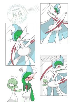 +++ 1boy 1girl ^^^ ^_^ arm_behind_head arm_blade averting_eyes bags_under_eyes blue_cape blue_hair blush bob_cut cape caught closed_eyes closed_mouth colored_skin crossed_arms embarrassed flat_chest flying_sweatdrops full-face_blush gallade gardevoir gen_3_pokemon gen_4_pokemon glint green_hair green_skin hair_between_eyes hair_over_one_eye half-closed_eyes hand_on_own_chin hand_on_own_face hand_on_own_hip hand_to_own_mouth hands_up happy highres laughing leaning_forward legs_apart looking_at_viewer looking_to_the_side mirror mohawk monya multicolored_hair multicolored_skin multiple_views nintendo notice_lines one_eye_covered peeking_out pokemon pokemon_(creature) red_eyes sideways_glance smile squiggle standing stroking_own_chin surprised sweat trembling two-tone_hair two-tone_skin watermark weapon white_skin wide-eyed
