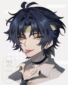 1boy antenna_hair asaba_harumasa black_choker black_hair black_necktie choker collarbone commentary_request earrings fangs grey_background half-closed_eye headband highres jewelry looking_to_the_side male_focus necktie parted_bangs piercing portrait shirt short_hair solo tongue tongue_out tongue_piercing twitter_username usagiii_e white_shirt yellow_eyes yellow_headband zenless_zone_zero