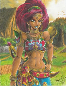 1girl 2019 abs blue_lips collar collarbone field green_eyes hand_on_own_hip highres jewelry navel nintendo ornament outdoors ravernclouk_design red_hair shield sword the_legend_of_zelda the_legend_of_zelda:_breath_of_the_wild traditional_media urbosa weapon