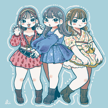 Rule 34 | 1girl, :3, bare legs, bare shoulders, black eyes, blue background, blue boots, blue dress, blush stickers, boots, braid, brown hair, cropped shirt, curvy, detached sleeves, dress, earrings, ebiebi, fang, full body, gao, grey hair, hairband, hands up, hello! project, highres, jewelry, kitagawa rio (momusu), legs apart, legs together, long hair, looking at viewer, medium hair, midriff, miniskirt, morning musume, multiple views, open mouth, plaid clothes, plaid dress, real life, red boots, red nails, red shirt, red skirt, red sleeves, shirt, short dress, short sleeves, signature, simple background, skirt, sleeveless, sleeveless shirt, smile, standing, straight-on, straight hair, thick thighs, thighs, v-shaped eyebrows, yellow boots, yellow dress, yellow hairband