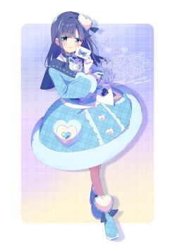 1girl alternate_costume blue_background blue_boots blue_dress blue_eyes blue_hair blue_ribbon blunt_bangs boots border buttons center_frills closed_mouth dot_nose dress envelope footwear_ribbon frills full_body fur-trimmed_dress fur-trimmed_sleeves fur_trim gloves gradient_background hair_ornament hair_ribbon hand_on_own_arm happy heart heart-shaped_sleeves heart_button heart_hair_ornament highres holding holding_envelope letter light_blush long_hair long_sleeves love_letter magia_record:_mahou_shoujo_madoka_magica_gaiden mahou_shoujo_madoka_magica medium_dress nanami_yachiyo outside_border parted_bangs plaid_background plaid_clothes plaid_dress plaid_footwear pocket ribbon serizawa_serizane shadow smile solo standing tareme twitter_username unmoving_pattern waist_bag watermark white_border white_gloves yellow_background