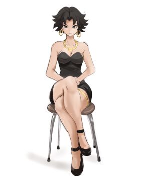 Rule 34 | 1girl, betty boop, betty boop (character), black dress, black eyes, black footwear, bracelet, breasts, dress, earrings, gold earrings, gold necklace, high heels, highres, hoop earrings, jewelry, medium breasts, messy hair, necklace, rakeemspoon, short hair, sitting, thighlet