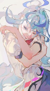 1girl blue_eyes blue_hair blue_nails closed_mouth commentary_request crossed_arms fingernails floating_hair frown highres hinanawi_tenshi long_hair looking_to_the_side no_headwear one_eye_closed puffy_short_sleeves puffy_sleeves shinjitsu_no_kuchi shirt short_sleeves simple_background solo touhou upper_body white_background white_shirt