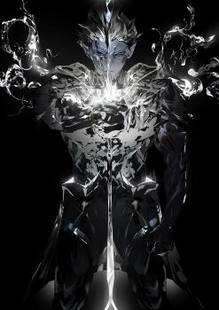 Rule 34 | 1boy, arm up, armor, black background, black hair, breastplate, closed mouth, commentary, cookie run, cookie run: kingdom, english commentary, faulds, frown, greyscale, hair slicked back, highres, holding, holding sword, holding weapon, male focus, mercurial knight cookie, monochrome, pcacao, pointy ears, simple background, solo, standing, sword, weapon