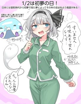 1girl absurdres blue_eyes commentary_request green_pajamas grey_hair highres konpaku_youmu konpaku_youmu_(ghost) long_sleeves open_mouth pajamas short_hair speech_bubble standing touhou translation_request youyume-kun