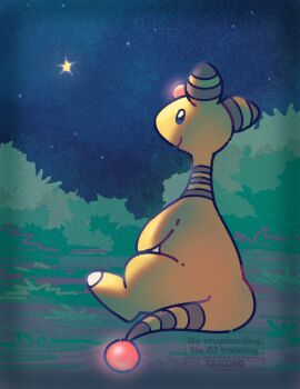 ampharos animal_focus closed_mouth forehead_jewel gen_2_pokemon night night_sky nintendo no_humans outdoors pokemon pokemon_(creature) pokemon_focus sitting sky smile solo star_(sky) tail tansho