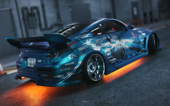 3d absurdres car censored censored_text commentary english_commentary from_behind highres license_plate logo motor_vehicle need_for_speed need_for_speed:_underground_2 nissan nissan_350z nissan_fairlady_z no_humans original quantum._(qntmwrx) spoiler_(automobile) sports_car traffic_cone vehicle_focus vending_machine wheel