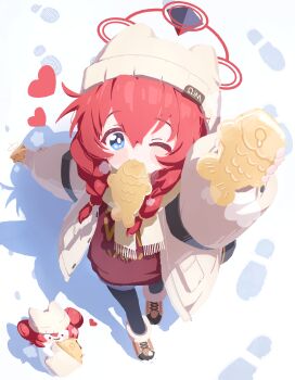 Rule 34 | 1girl, absurdres, arm at side, arm up, beanie, blue archive, blue eyes, blush stickers, boots, bright pupils, brown boots, coat, commentary request, day, double-parted bangs, food, food in mouth, footprints, foreshortening, from above, hair between eyes, halo, hat, heart, highres, holding, holding food, long bangs, long hair, looking at viewer, looking up, maki (blue archive), open clothes, open coat, outdoors, patanda, reaching, reaching towards viewer, red hair, red halo, red shirt, scarf, shadow, shirt, snow, solo, standing, taiyaki, wagashi, white coat, white hat, white pupils, white scarf, winter, winter clothes