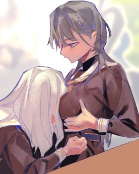 2girls between_breasts breasts brown_dress ceras_yanagida_lilienfeld closed_mouth commentary dress face_between_breasts grabbing_own_breast grey_hair hair_ornament hair_ribbon hasu_no_sora_school_uniform head_between_breasts highres jellyfish_cut katsuragi_izumi link!_like!_love_live! long_hair long_sleeves love_live! multiple_girls neckerchief pink_eyes pink_ribbon pipi_(m1x_mix) profile ribbon sailor_collar sailor_dress school_uniform triangle_hair_ornament turtleneck virtual_youtuber white_sailor_collar winter_uniform yellow_neckerchief yuri