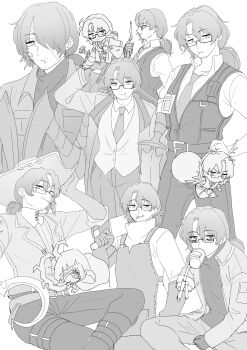 1boy aedd_(e.g.o) alternate_costume amputee apple apron arthropod_limbs bags_under_eyes bandage_on_face bandage_over_one_eye bandaged_head bandages beard_stubble belt belt_buckle boot_straps boots branch breast_pocket brown_hair buckle bug bug_arm chibi chibi_inset cigarette cleaver cloak closed_mouth coat collarbone collared_jacket collared_shirt contrast_collar cowboy_shot crossed_legs cup dress_shirt drinking e.g.o_(project_moon) expressionless eyepatch eyes_visible_through_hair facial_hair faelantern_(project_moon) fairy feet_out_of_frame fire food formal_clothes from_front from_side fruit full_body glasses gloves golden_apple_(project_moon) gregor_(project_moon) greyscale hair_between_eyes hair_intakes hair_over_one_eye hair_ribbon half-closed_eyes hand_on_own_hat hand_on_own_hip hand_up hat highres holding holding_cleaver holding_cup holding_weapon hood hooded_cloak hook hook_hand horns id_card jacket jitome joints kikkoinu knee_boots knee_up lantern_(e.g.o) lapels legerdemain_(e.g.o) lighter_finger limbus_company long_hair long_sleeves looking_at_viewer looking_to_the_side low_ponytail male_focus mask mechanical_arms military military_uniform monochrome mouth_hold mouth_mask multiple_belts multiple_persona multiple_views necktie notched_lapels official_alternate_costume one_eye_covered open_clothes open_mouth over_shoulder pants parted_bangs parted_lips photoshop_(medium) pirate_hat plant_roots pocket ponytail project_moon prosthesis prosthetic_arm r.b._(identity)_(project_moon) rectangular_eyewear ribbon rosespanner_workshop_(identity)_(project_moon) sanpaku semi-rimless_eyewear shirt shock_centipede_(project_moon) sideways_glance simple_background single_glove single_mechanical_arm sitting sketch smile smirk smoke smoking smug solo standing strap stubble suit suit_jacket sweater thigh_strap tree tree_horns tunic turtleneck turtleneck_shirt turtleneck_sweater twinhook_pirates_(identity)_(project_moon) under-rim_eyewear undershirt upper_body variant_set vest weapon weapon_over_shoulder white_background wing_collar wooden_arm zwei_association_south_uniform