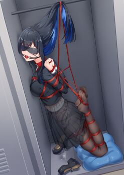 1girl absurdres arms_behind_back ball_gag bdsm black_hair black_pantyhose blazer blindfold blue_eyes blue_hair bondage bound bound_legs bound_thumbs breast_bondage breasts collared_shirt commentary_request drooling egg_vibrator full_body gag gagged hair_bondage highres hogtie in_locker jacket locker long_hair medium_breasts multicolored_hair original pantyhose pleated_skirt pussy_juice restrained reverse_prayer sex_toy shibari shibari_over_clothes shirt shoes skindentation skirt solo suspension t_zhonglang very_long_hair vibrator white_shirt x-ray