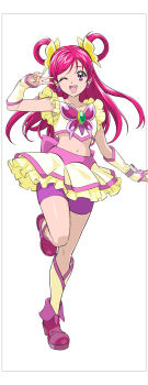 Rule 34 | 1girl, arm warmers, butterfly hair ornament, commentary request, crop top, cure dream, earrings, flat chest, flower earrings, full body, hair ornament, hair rings, hand up, highres, jewelry, kneehighs, long hair, looking at viewer, magical girl, midriff, navel, official style, one eye closed, open mouth, pink hair, pink shoes, precure, purple eyes, purple skirt, shirt, shoes, shorts, shorts under skirt, simple background, skirt, smile, socks, solo, sozan, standing, standing on one leg, v, white background, yellow arm warmers, yellow shirt, yellow skirt, yellow socks, yes! precure 5, yumehara nozomi