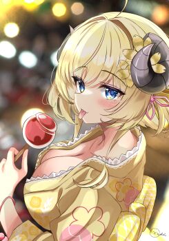 1girl absurdres ahoge alternate_costume alternate_hairstyle animal_ears blonde_hair breasts candy_apple cleavage closed_mouth food highres holding holding_candy_apple holding_food hololive horns inokeiwd japanese_clothes kimono large_breasts looking_at_viewer medium_hair purple_eyes sheep_ears sheep_girl sheep_horns smile solo tongue tongue_out tsunomaki_watame virtual_youtuber yellow_kimono