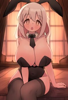 Rule 34 | 1girl, :o, absurdres, alternate costume, animal ear hairband, animal ears, bare arms, bare shoulders, between legs, black hairband, black leotard, black necktie, black thighhighs, blush, breasts, brown eyes, collarbone, commentary, covered navel, curtains, detached collar, fake animal ears, hair between eyes, hairband, hand between legs, highres, huge breasts, indoors, leotard, long hair, looking at viewer, mature female, necktie, onii-chan wa oshimai!, open mouth, oyama matsuri, pink hair, playboy bunny, rabbit ears, short necktie, sitting, solo, strapless, strapless leotard, thighhighs, tsubatya, window