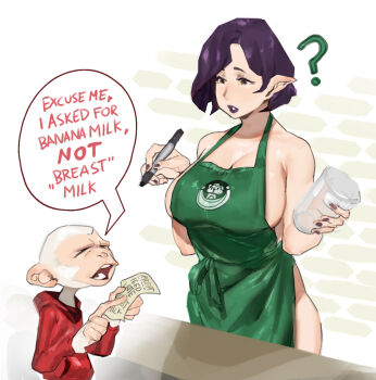 1girl artist_request breasts highres large_breasts monkey starbucks tagme