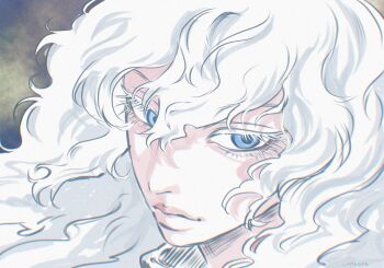 1boy androgynous berserk blue_eyes closed_mouth colored_eyelashes griffith_(berserk) hashtag-only_commentary highres long_hair looking_to_the_side male_focus myoart solo wavy_hair white_eyelashes white_hair