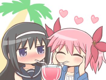 2girls akemi_homura bad_id bad_pixiv_id black_hair blush closed_eyes commentary_request cup drinking drinking_straw drinking_straw_in_mouth hairband hands_on_own_cheeks hands_on_own_face hands_up kaname_madoka long_hair looking_at_another mahou_shoujo_madoka_magica multiple_girls palm_tree pink_hair purple_eyes reverse_(bluefencer) shared_drink tree twintails upper_body yuri
