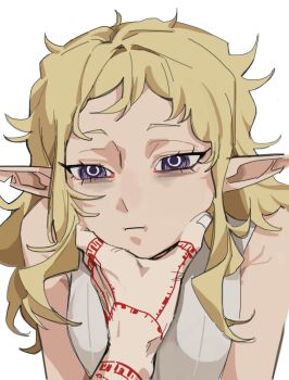 1boy 1girl absurdres blonde_hair dungeon_meshi elf fleki hand_tattoo highres kazari_2001 long_hair looking_at_viewer lycion notched_ear out_of_frame pointy_ears purple_eyes simple_background sleeveless squeezing_cheeks tattoo tunic upper_body white_background