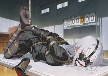 absurdres arms_behind_back ball_gag bdsm black_pantyhose black_serafuku blazer blindfold blush bondage bound bound_arms bound_legs breasts drooling gag gag_harness gagged high_heels highres hogtie indoors jacket long_hair medium_breasts no_shoes original pantyhose restrained school_uniform serafuku shibari shibari_over_clothes skindentation white_hair wiffle_gag