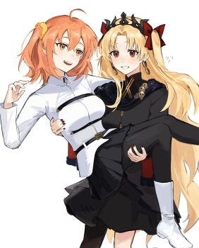 Rule 34 | 2girls, asymmetrical legwear, belt, black jacket, black pantyhose, black skirt, blonde hair, boots, bow, breasts, carrying, chaldea master uniform, commentary request, earrings, ereshkigal (fate), ereshkigal (third ascension) (fate), fate/grand order, fate (series), fujimaru ritsuka (female), gold earrings, hair bow, hair ornament, hair scrunchie, highres, jacket, jewelry, long hair, long sleeves, medium hair, multiple girls, nail polish, open mouth, orange eyes, orange hair, pantyhose, princess carry, red bow, red eyes, scrunchie, shirt, shoes, side ponytail, simple background, skirt, skull, sweatdrop, teeth, tomina 1037, very long hair, white background, white boots, white shirt