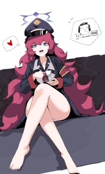 1girl :d absurdres armband bare_legs barefoot blue_archive breasts crossed_legs doodle_sensei_(blue_archive) full_body grey_eyes hat heart highres iroha_(blue_archive) long_hair long_sleeves looking_at_viewer military_hat military_uniform open_mouth peaked_cap plentyofempty red_hair sensei_(blue_archive) simple_background small_breasts smile solo speech_bubble spoken_heart wavy_hair white_background