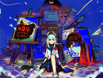 1girl absurdres among_us blue_hair blue_screen_of_death brown_eyes chair closed_mouth commentary computer easel english_commentary expressionless highres laptop long_hair original paint_on_clothes paper paper_airplane pleated_skirt ray_404 ruler school_uniform shore sitting skirt solo