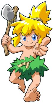 bare_legs barefoot blonde_hair blue_eyes child feet hair_tie hammer jungle_boy leaf leaf_skirt lega male_focus official_art sega shota smile soles solo toes tom-tom wonder_boy wonder_boy_returns