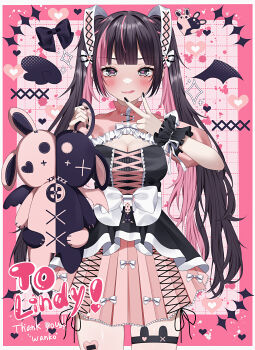 1girl :q absurdres arms_up black_bow black_dress black_nails blush border bow breasts brown_hair cleavage commission cowboy_shot dress ear_piercing english_text frilled_cuffs frilled_dress frills grey_eyes hair_ornament heart heart-shaped_pupils highres holding holding_stuffed_toy large_breasts long_hair looking_at_viewer mismatched_pupils multicolored_hair original piercing pink_background pink_dress pink_hair pink_skirt pleated_skirt puffy_sleeves short_sleeves sidelocks skindentation skirt solo splotch standing streaked_hair stuffed_animal stuffed_rabbit stuffed_toy symbol-shaped_pupils thigh_strap tongue tongue_out twintails two-tone_dress v wanko_(yurika0320) white_border white_bow wrist_cuffs x-shaped_pupils x_(symbol)