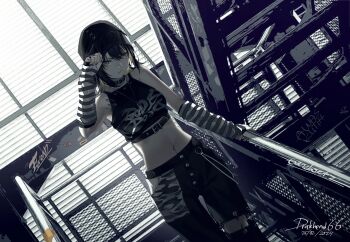 1girl beanie belt black_hair blonde_hair buttons chain choker crop_top cross cross_necklace detached_sleeves drakhend66 fingerless_gloves gloves graffiti hand_on_headwear hat highres idolmaster idolmaster_shiny_colors ikaruga_luca indoors jewelry looking_at_viewer medium_hair midriff multicolored_hair nail_polish navel navel_piercing necklace pants patchwork_clothes piercing ring safety_pin solo stairs stitches yellow_eyes