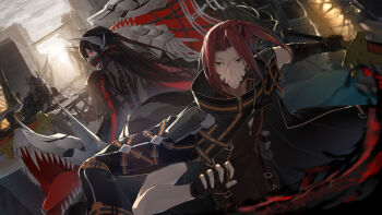 1boy 1girl black_gloves black_hair city cloud cloudy_sky code_vein commentary_request destruction fingerless_gloves gas_mask gloves glowing glowing_eyes highres jacket jacket_on_shoulders long_hair looking_back mag_(mag42) mask monster red_eyes short_sleeves sky smile tongue tongue_out vampire yakumo_(code_vein)