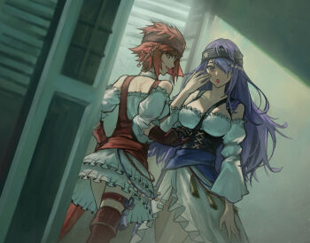 2girls :d :o bare_shoulders breasts camilla_(fire_emblem) camilla_(pirate)_(fire_emblem) dress fire_emblem fire_emblem_fates fire_emblem_heroes gloves hair_over_one_eye highres hinoka_(fire_emblem) hinoka_(pirate)_(fire_emblem) imageprogram_(kent) long_hair looking_at_viewer looking_back medium_breasts multiple_girls nintendo official_alternate_costume open_mouth pirate purple_eyes purple_hair red_eyes red_hair revision short_hair smile white_dress