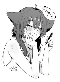 1boy ahoge animal_ears bare_shoulders blush cat_boy cat_ears commentary cropped_torso dated english_commentary greyscale half-closed_eyes heart highres holding holding_pen male_focus monochrome open_mouth original pen rat_squeak shirt short_hair simple_background sleeveless sleeveless_shirt smile solo speech_bubble spoken_heart trap twitter_username upper_body white_background
