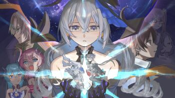 Rule 34 | 1boy, 6+girls, :d, bare shoulders, black dress, black gloves, black thighhighs, blonde hair, blue hair, bronya zaychik, bronya zaychik (herrscher of reason), brown eyes, brown hair, closed mouth, cocolia (honkai impact), dress, drill hair, dual persona, duoyun de tiankong, earrings, elbow gloves, fang, frederica nikola tesla, gloves, glowing, green eyes, grey eyes, grey hair, highres, honkai (series), honkai impact 3rd, horns, jewelry, joachim nokianvirtanen, lieserl albert einstein, liliya olenyeva, long hair, multiple girls, open mouth, pink hair, red eyes, red hair, rozaliya olenyeva, seele (alter ego), seele vollerei, seele vollerei (stygian nymph), short hair, siblings, single horn, skin fang, smile, thighhighs, twins, twintails, upper body, very long hair, white dress, white thighhighs