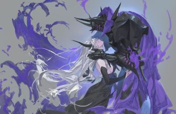 Rule 34 | 1boy, 1girl, armor, black dress, black horns, cape, claws, colored skin, dress, elbow gloves, fake horns, feet out of frame, fiery clothing, fire, floating hair, gloves, grey background, grey hair, helmet, highres, horned helmet, horns, leviair, long hair, looking at another, looking down, looking up, original, purple cape, purple eyes, purple fire, purple skin, simple background, solo, standing, very long hair