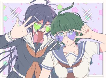 2girls :o ahoge antenna_hair black_shirt black_skirt blue-tinted_eyewear blue_sailor_collar blush border collared_shirt commentary_request danganronpa_(series) danganronpa_another_episode:_ultra_despair_girls eyelashes fangs fingernails fukawa_toko genocider_shou green-tinted_eyewear green_eyes green_hair hair_between_eyes hair_ornament hairclip heart heart-shaped_eyewear highres long_hair long_sleeves long_tongue messy_hair multiple_girls naegi_komaru neckerchief open_mouth purple_hair red_eyes red_neckerchief sailor_collar school_uniform serafuku shirt short_sleeves skirt smile sparkle star_(symbol) star_symbol_background teeth tinted_eyewear tongue tongue_out upper_body upper_teeth_only uru... v w white-framed_eyewear white_border white_sailor_collar white_shirt