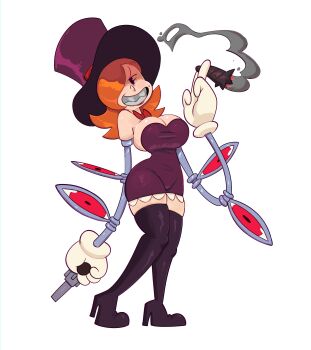 1girl absurdres aged_up artificial_limb boots breasts cleavage cyborg dress gloves gun hat high_heel_boots high_heels highres large_breasts lipstick makeup mechanical_arms orange_hair peacock_(skullgirls) purple_dress sharp_teeth short_dress skullgirls smoking teeth thigh_boots thighhighs top_hat weapon