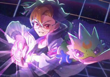 Rule 34 | 1boy, absurdres, black shirt, blonde hair, blue hair, commentary request, digimon, digimon (creature), digimon beatbreak, gecko, gekkomon, glasses, highres, jacket, jyuusirann0224, long tongue, mole, mole under eye, multicolored hair, open clothes, open jacket, purple eyes, round eyewear, sapotama, shirt, short hair, smirk, tenma tomoro, tongue, tongue out, two-tone hair, white jacket