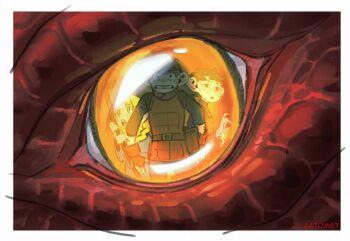 1girl 2boys aatom87 ambrosia_(dungeon_meshi) black_hair blonde_hair brown_gloves brown_hair chilchuck_tims close-up commentary dandan_(dungeon_meshi) dragon dungeon_meshi english_commentary eye_reflection fingerless_gloves gloves green_eyes holding holding_staff marcille_donato marcille_donato_(half-foot) multiple_boys pouch reflection scared staff