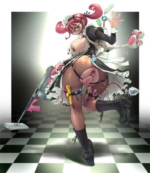 1girl anal anal_beads anal_object_insertion anal_tail anus ass boots breasts brown_pantyhose butt_plug checkered_floor chichimaro clitoris_piercing dildo dress egg_vibrator fake_tail from_behind full_body gaping glasses gun high_heels large_breasts looking_at_viewer looking_back maid maid_headdress nipple_piercing nipple_stimulation nipples object_insertion original pantyhose piercing pussy pussy_juice pussy_piercing red_hair sex_toy solo tail thigh_strap too_many torn_clothes torn_pantyhose twintails uncensored urethral_insertion vaginal vaginal_object_insertion vibrator vibrator_on_nipple weapon