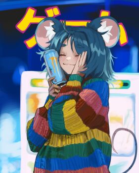 1girl ^_^ ahoge animal_ears blue_hair blurry blurry_background blush can closed_eyes closed_mouth commentary derivative_work dot_nose drink english_commentary hand_on_own_cheek hand_on_own_face happy highres holding holding_can holding_drink hugging_object long_sleeves medium_hair monster_energy mouse_ears mouse_girl mouse_tail multicolored_sweater original parasoru_buruu rainbow_order sleeves_past_wrists smile solo sweater tail text_background thick_eyebrows upper_body
