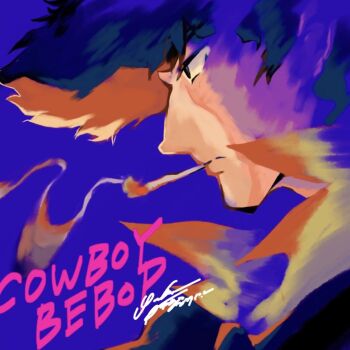 Rule 34 | 1boy, blue background, cigarette, cowboy bebop, girigiri yukka, messy hair, shirt, signature, simple background, smoke, smoking, solo, spike spiegel, yellow shirt