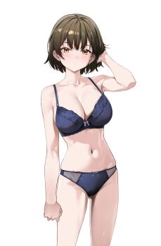1girl absurdres blue_bra blue_panties blush bow bow_panties bra breasts brown_hair commentary_request expressionless furisuku highres large_breasts looking_at_viewer navel orange_eyes original panties short_hair simple_background solo underwear underwear_only white_background
