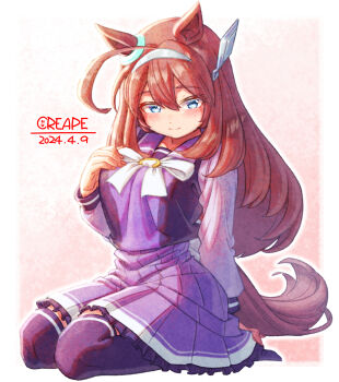 1girl ahoge animal_ears blue_eyes blush bow bowtie breasts brown_hair closed_mouth commentary_request creape grey_hairband hair_between_eyes hair_ornament hairband highres horse_ears horse_girl horse_tail long_hair looking_at_viewer medium_breasts mihono_bourbon_(umamusume) pleated_skirt purple_sailor_collar purple_serafuku purple_shirt purple_skirt purple_thighhighs sailor_collar sailor_shirt school_uniform seiza serafuku shirt silver_hairband sitting skirt smile solo tail thighhighs tracen_school_uniform umamusume white_bow white_bowtie zettai_ryouiki