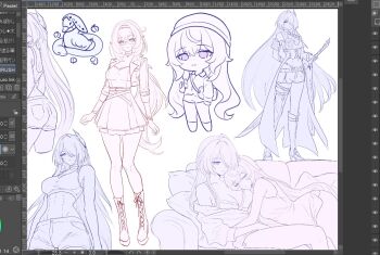 3girls acheron_(honkai:_star_rail) alternate_costume art_program_in_frame asymmetrical_footwear bare_shoulders bespectacled black_swan_(honkai:_star_rail) blue_eyes breasts chibi chibi_inset cleavage collarbone commentary couch cropped_jacket dress elysia_(honkai_impact) english_commentary glasses hair_over_one_eye hairband honkai:_star_rail honkai_(series) honkai_impact_3rd hug in-franchise_crossover jacket long_hair looking_at_viewer medium_breasts midriff multiple_girls on_couch pointy_ears purple_eyes samlatte shorts sidelocks thighs toned toned_female uneven_footwear very_long_hair yuri