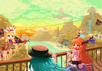 02charaice20 6+girls absurdres aircraft airship animal_ears ascot ball_and_chain_restraint bird_wings black_hat blonde_hair blue_hair bow brown_hair brown_hat brown_horns bun_cover chain cloud cloudy_sky commentary double_bun english_commentary flying frilled_bow frilled_hair_tubes frills frog_hair_ornament gap_(touhou) gohei green_hair grey_hair hair_bow hair_bun hair_ornament hair_tubes hakurei_reimu hat hat_bow hat_ribbon highres hinanawi_tenshi holding holding_gohei horn_ornament horn_ribbon horns ibaraki_kasen ibuki_suika inubashiri_momiji kagiyama_hina kawashiro_nitori kirisame_marisa kochiya_sanae long_hair mob_cap moriya_suwako multiple_girls oni open_mouth orange_hair outdoors palanquin_ship peach_hat_ornament pink_hair pixel_art pom_pom_(clothes) purple_skirt purple_tabard purple_vest red_bow red_eyes red_hat red_ribbon red_skirt ribbon river shameimaru_aya shirt skirt skirt_set sky smile tabard tokin_hat touhou very_long_hair vest water waterfall white_shirt wings witch_hat wolf_ears wolf_girl yakumo_yukari yellow_ascot