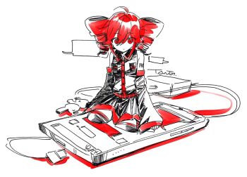 1girl ahoge arm_tattoo artist_name bare_shoulders black_skirt cellphone closed_mouth collared_shirt detached_sleeves drill_hair hair_between_eyes highres kasane_teto kasane_teto_(utau) limited_palette looking_at_viewer medium_hair phone red_eyes red_hair shirt signature skirt sleeveless sleeveless_shirt smartphone solo tanglaoban1225 tattoo through_medium through_screen twin_drills utau white_background wireless_earphones